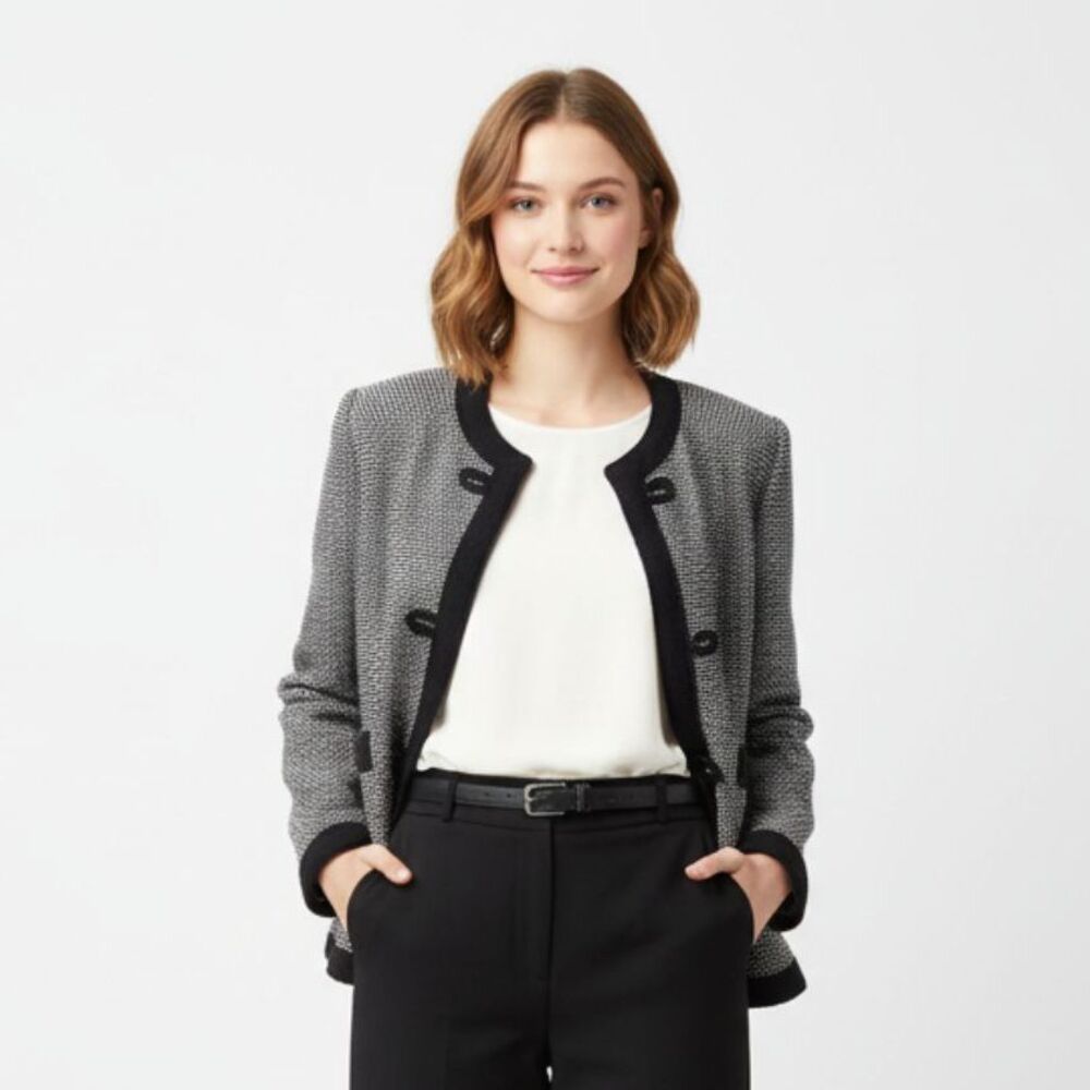 Castleberry Black & White Tweed Knit Open Front Vintage Cardigan Sweater 12